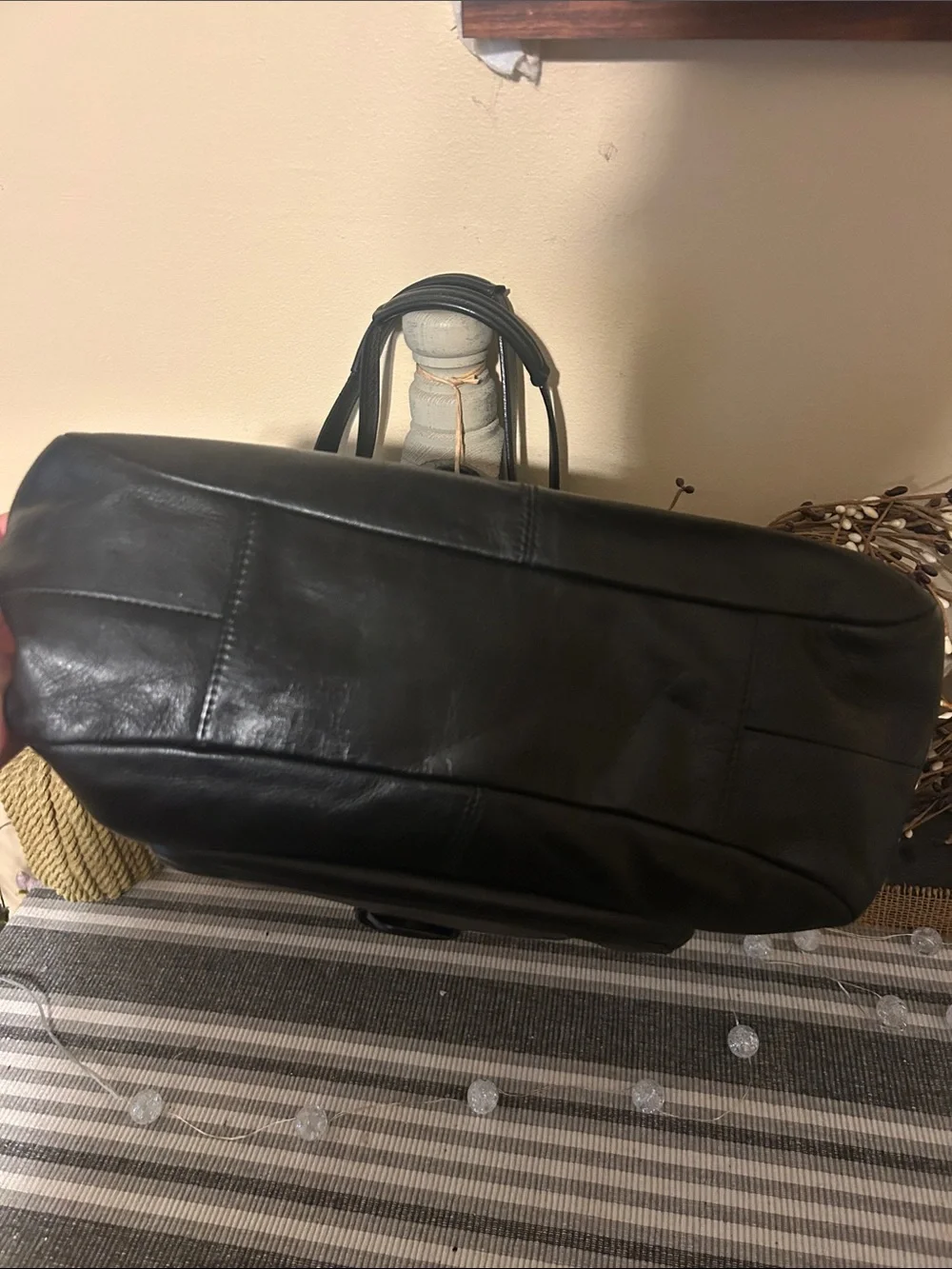 Coach Black Leather Shoulder Bag with Front Buckle Pocket and Gold Hardware
